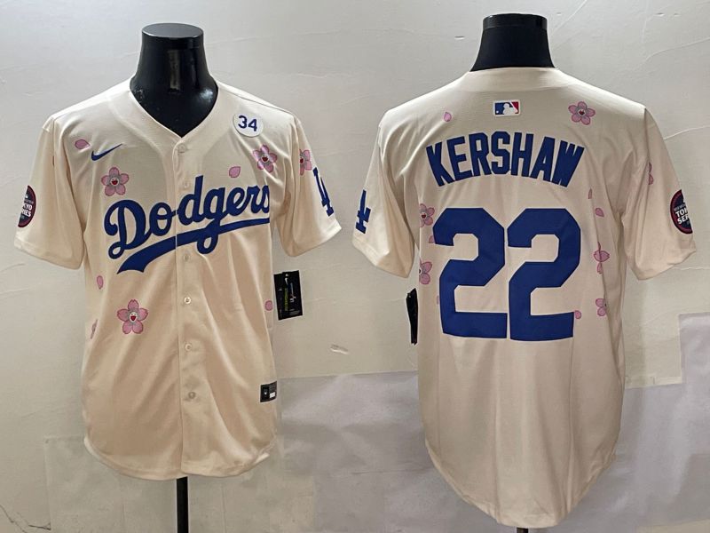 Men Los Angeles Dodgers #22 Kershaw Cream White Blue Sakura Edition 2025 Nike MLB Jersey style 6->los angeles dodgers->MLB Jersey